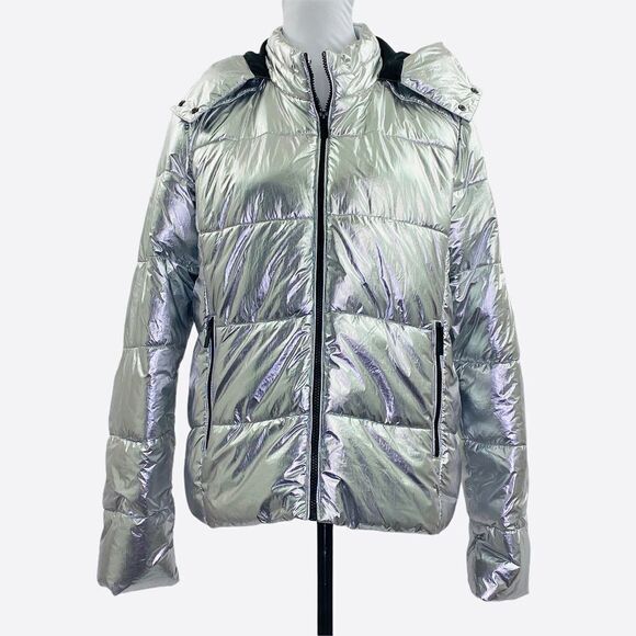Andrew Marc Metallic Silver Puffer Jacket Large - Picture 2 of 15
